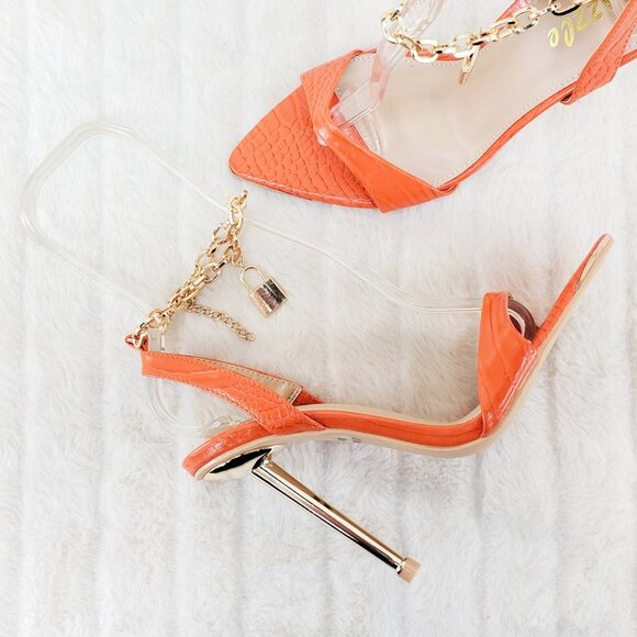 Nicely Lock Chain Strap High Heels Metal Toe Tip Orange Super Cute - Picture 4 of 13